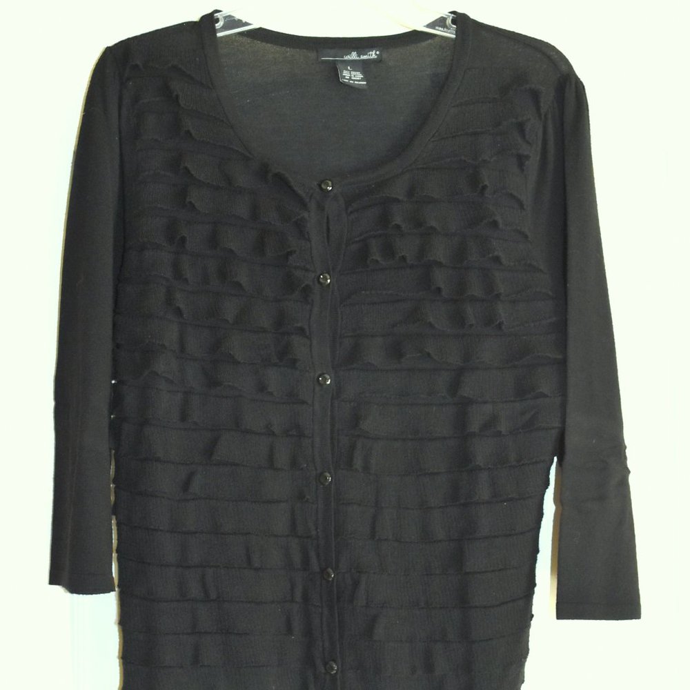 Willi Smith Black Ruffled 3/4 Sleeve Cardigan Sweater